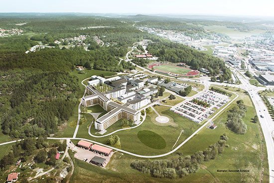 Flygbild över nya Kungälvs sjukhus närområde. Bildkälla: Sweco/Aart Achitects