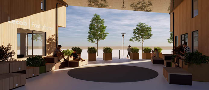 Portiken mellan husen är 15 meter bred och 6 meter hög. Illustration: Mondo Arkitekter