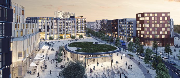 Sveatorget i Barkarbystaden där Wallenstam planerar för 270 bostäder, kontor och kommersiella lokaler. (Visionsbild: Tovatt Architects & Planners)