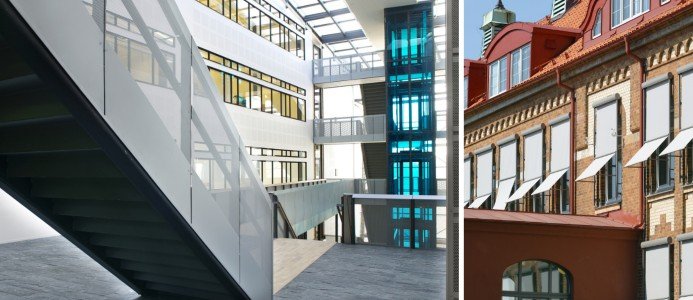 Interiörbild från Biotech Center och Hälsovetarbacken exteriört.