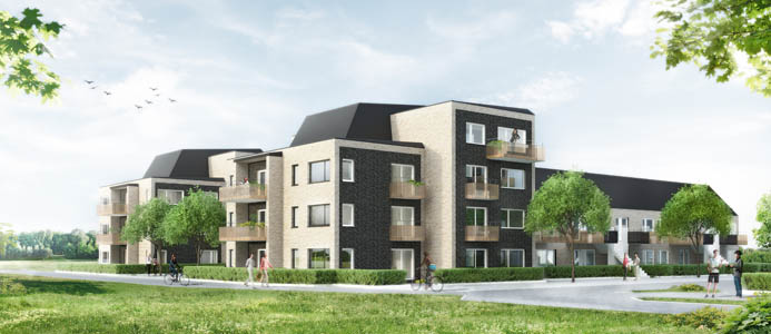 Illustration på Fossilen i Lund som kommer bidra med 180 nya hyreslägenheter. Illustration: Källa, LKF.