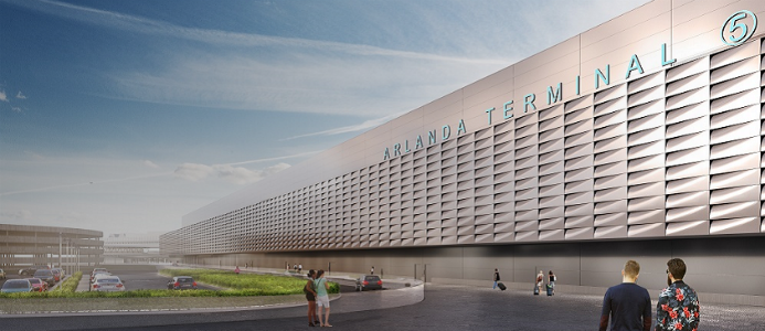 Visionsbild av fasaden på Terminal 5, Tengbom.