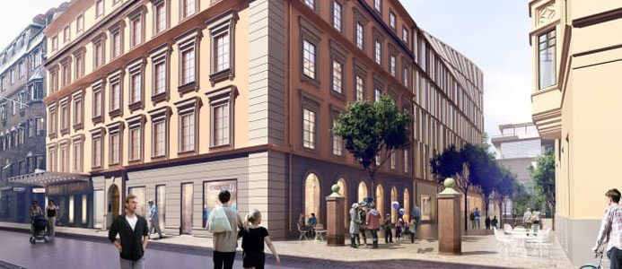 Astoria Stockholm. Vy från Nybrogatan, Östermalm. Illustration: 3XN.