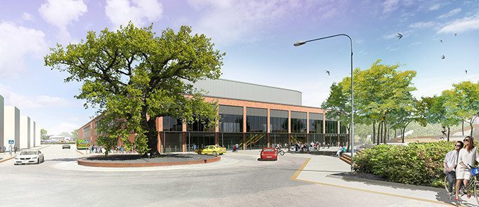 Nya Eskilstuna arena. Stora delar består av tegel för att den smälta in och anpassas till omkringliggande miljön. Bild: Eskilstuna Kommunfastigheter AB
