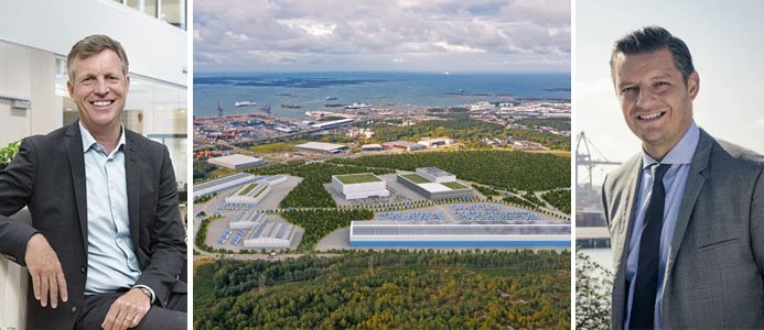Henrik Saxborn och Elvir Dzanic. Visionsbild över hur logistiknavet Halvorsäng vid Göteborgs Hamn kan komma att gestalta sig. Foto: Göteborgs Hamn AB