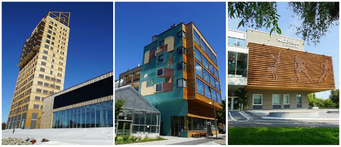 Mjöstornet, Vallastaden och Västerås universitet som samtliga byggts med trä från Woodsafe. Foto: Woodsafe