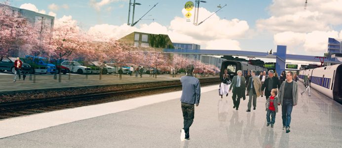 En illustration av Karlshamns stationsomru00e5de i en framtidsvision ritad av White akitektbyru00e5 2012.