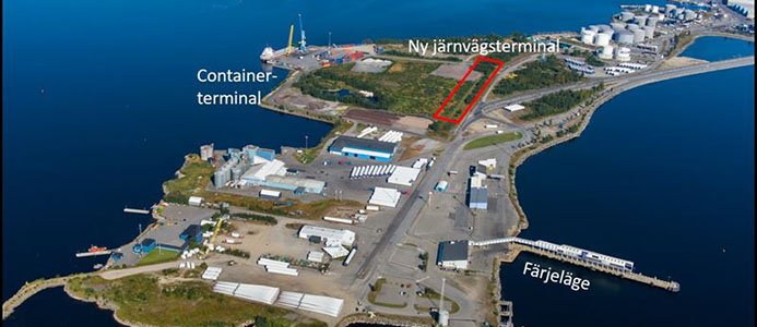 Flygbild över planerad ombyggnad i Umeå Hamn
