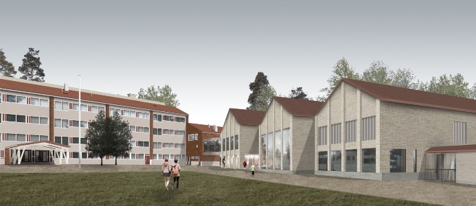 Skola och förskola i Pakilanpuisto. Illustration: Architects Rudanko + Kankkunen and Architects Frondelius + Keppo + Salmenperä
