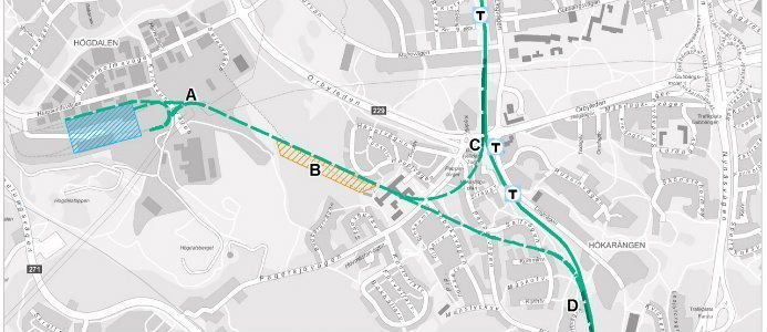Anslutningsspåren kommer att dras under jord från den utbyggda depån till Gröna linjens Farstagren. Bildkälla: SLL