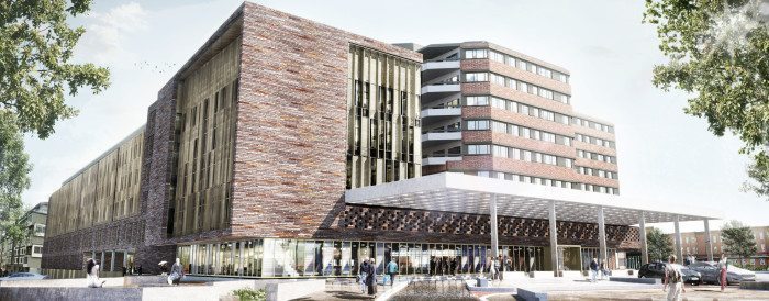 Illustration av utbyggnaden av S:t Görans sjukhus. Arkitema Architects.