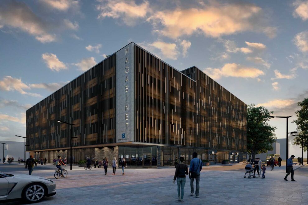Mobilitetshuset Magasinet i Gävle. Illustration: Skoog Arkitekter.
