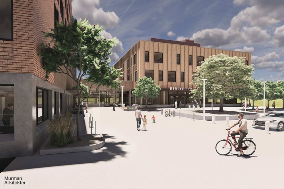 Visionsbild som visar hur det nya kommunhuset och huvudbiblioteket i Huddinge kan komma att se ut. Bild: Murman Arkitekter