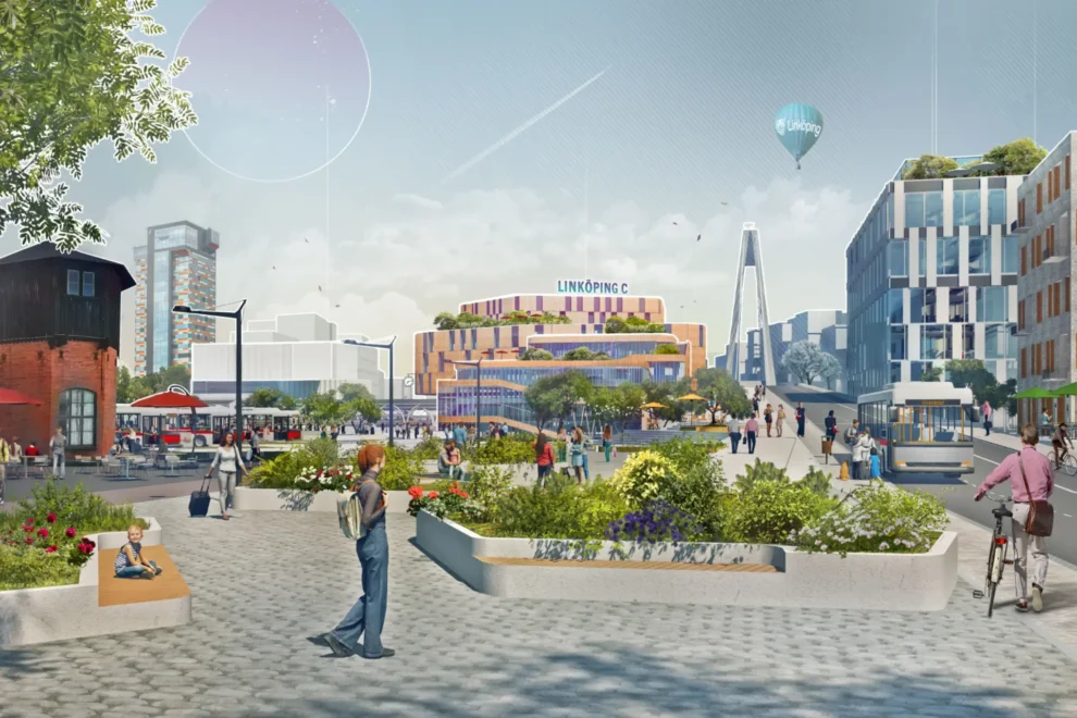 Visionsbild för att illustrera hur S:t Larsgatan ska förlängas och leda fram till Linköpings nya centralstation. Bild: Linköpings kommun